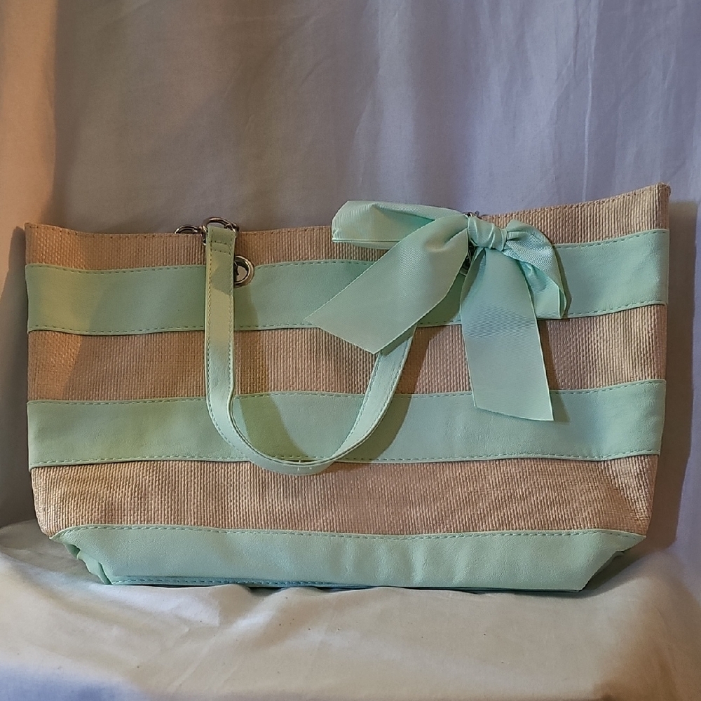 Ulta Beauty Pale Green and Natural Canvas Tote with Bow Detail